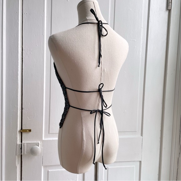 SOLD Vintage 90s/Y2K Beaded Sequin Sheer Mesh Open Back Tie Halter Top - Picture 4 of 7